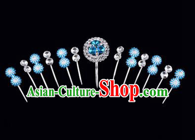 Chinese Ancient Peking Opera Hair Accessories Young Lady Headwear Complete Set, Traditional Chinese Beijing Opera Head Ornaments Hua Tan Crystal Blue Hairpins