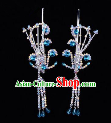 Chinese Ancient Peking Opera Hair Accessories Young Lady Diva Blue Phoenix Headwear, Traditional Chinese Beijing Opera Head Ornaments Hua Tan Colorful Crystal Hairpins
