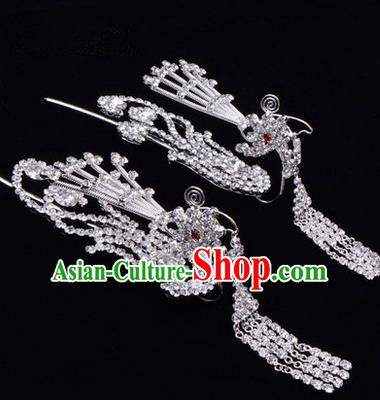 Chinese Ancient Peking Opera Hair Accessories Young Lady Diva Tassel Phoenix Headwear, Traditional Chinese Beijing Opera Head Ornaments Hua Tan White Crystal Hairpins