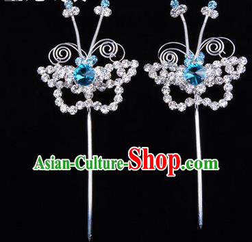 Chinese Ancient Peking Opera Hair Accessories Young Lady Diva Butterfly Blue Headwear, Traditional Chinese Beijing Opera Head Ornaments Hua Tan Crystal Hairpins