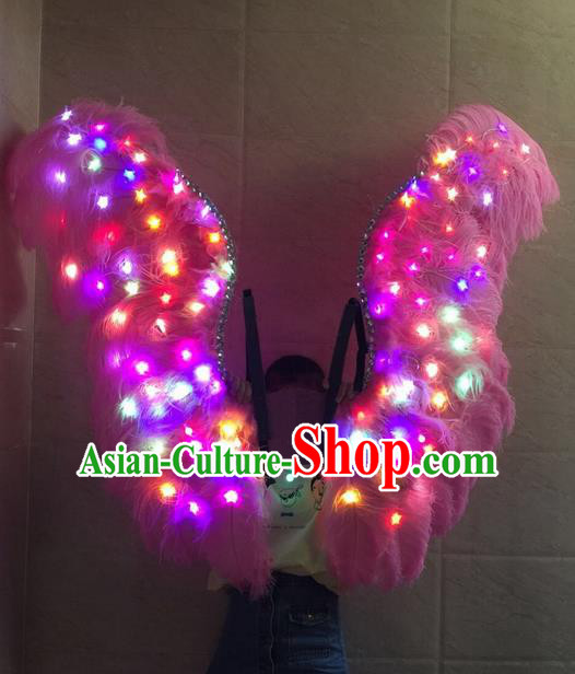 Top Grade Professional Stage Show Halloween Props Decorations Led Light Wings, Brazilian Rio Carnival Parade Samba Dance Catwalks Pink Feather Backplane for Women