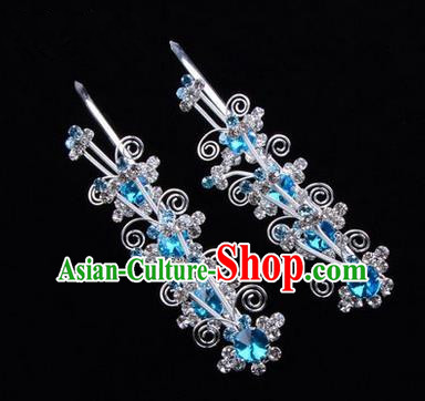 Chinese Ancient Peking Opera Hair Accessories Young Lady Diva Butterfly Head Ornaments, Traditional Chinese Beijing Opera Hua Tan Blue Crystal Hairpins