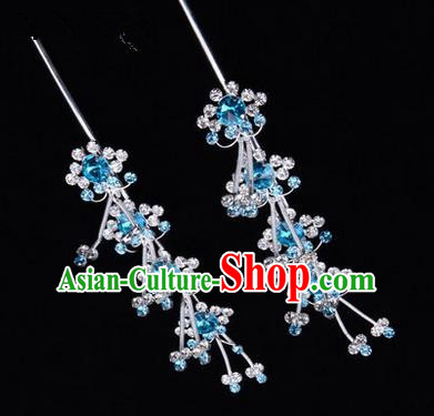 Chinese Ancient Peking Opera Hair Accessories Young Lady Diva Head Ornaments, Traditional Chinese Beijing Opera Hua Tan Blue Crystal Hairpins