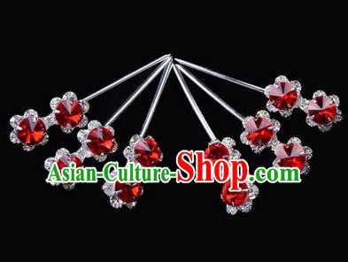 Chinese Ancient Peking Opera Hair Accessories Young Lady Diva Head Ornaments, Traditional Chinese Beijing Opera Hua Tan Red Crystal Double Bead Hairpins