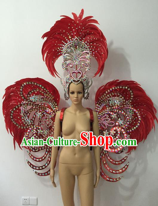 Top Grade Professional Stage Show Halloween Parade Props Decorations Deluxe Wings and Headpiece, Brazilian Rio Carnival Parade Samba Dance Red Feather Backplane for Women