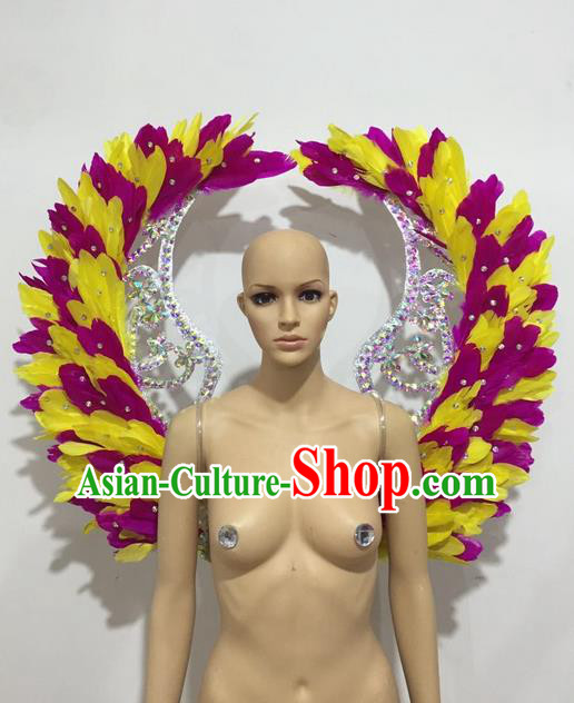 Top Grade Professional Stage Show Halloween Parade Props Decorations Rosy Feather Deluxe Wings, Brazilian Rio Carnival Parade Samba Dance Backplane for Women