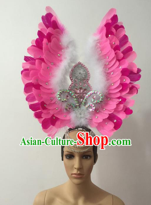 Top Grade Professional Stage Show Halloween Parade Pink Feather Deluxe Hair Accessories, Brazilian Rio Carnival Parade Samba Dance Catwalks Headwear for Women