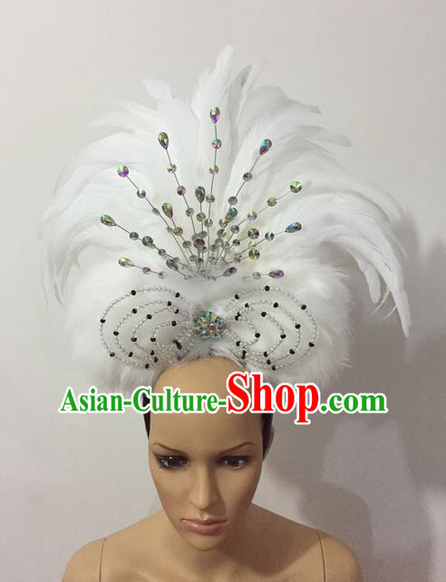 Top Grade Professional Stage Show Halloween Parade White Feather Hair Accessories, Brazilian Rio Carnival Samba Dance Crystal Headwear for Women