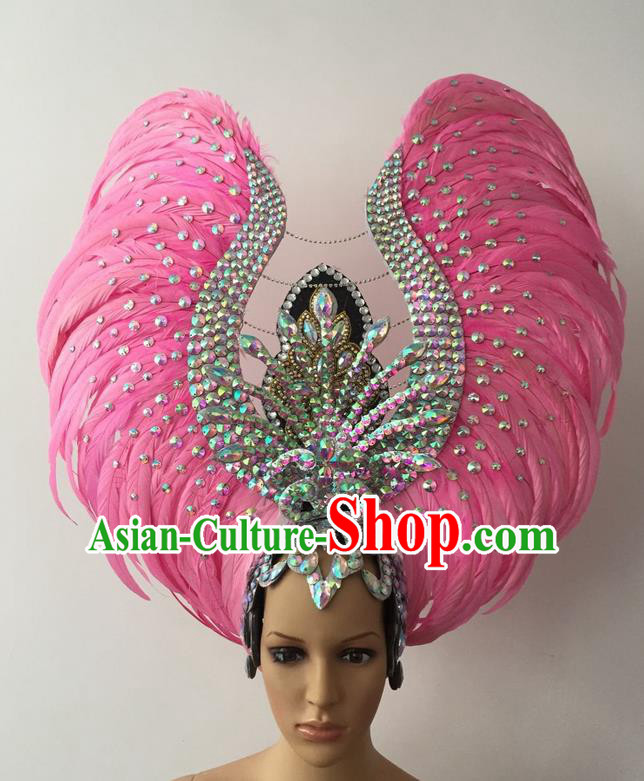 Top Grade Professional Stage Show Halloween Parade Pink Feather Deluxe Hair Accessories, Brazilian Rio Carnival Samba Dance Modern Fancywork Headwear for Women