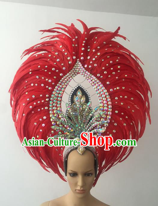 Top Grade Professional Stage Show Halloween Parade Red Feather Deluxe Hair Accessories, Brazilian Rio Carnival Samba Dance Modern Fancywork Crystal Headwear for Women