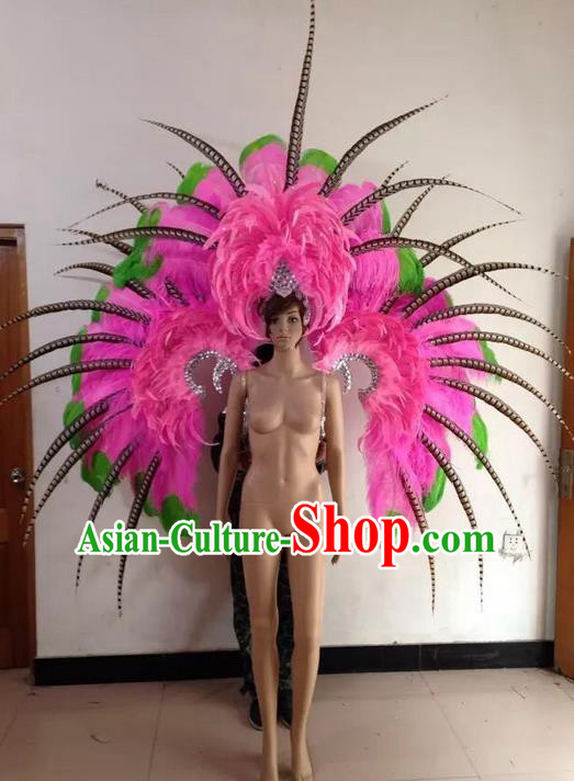 Top Grade Professional Stage Show Halloween Parade Pink Feather Deluxe Wings and Hair Accessories, Brazilian Rio Carnival Samba Dance Modern Fancywork Crystal Headwear Backplane for Women