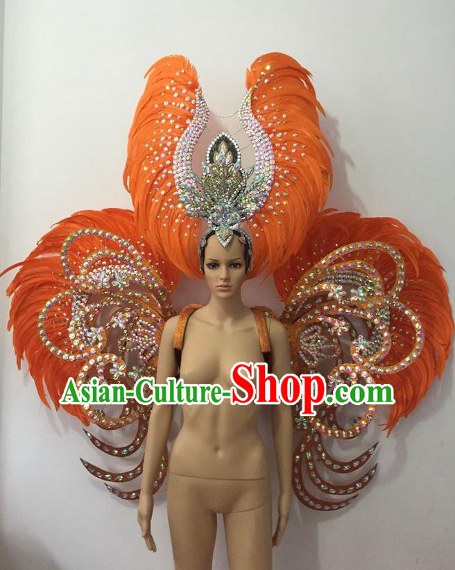 Top Grade Professional Stage Show Halloween Parade Orange Feather Deluxe Butterfly Wings and Hair Accessories, Brazilian Rio Carnival Samba Dance Modern Fancywork Backplane for Women