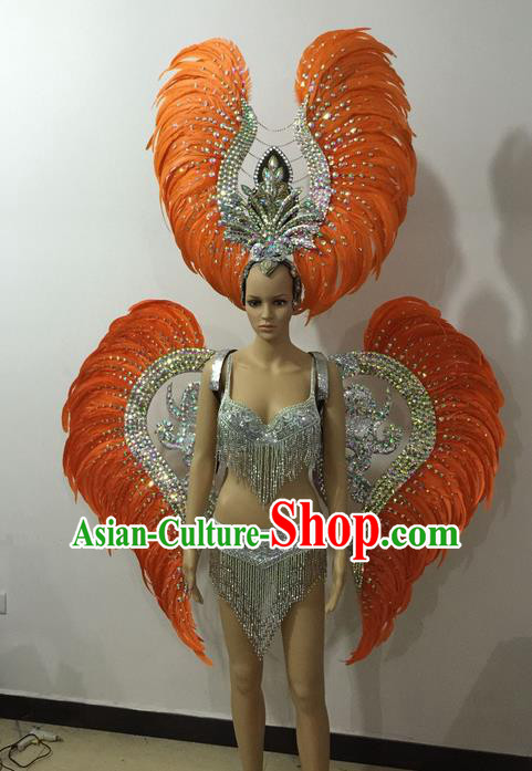 Top Grade Professional Performance Catwalks Orange Feather Bikini and Deluxe Wings Headpiece, Traditional Brazilian Rio Carnival Samba Modern Fancywork Swimsuit Costume for Women