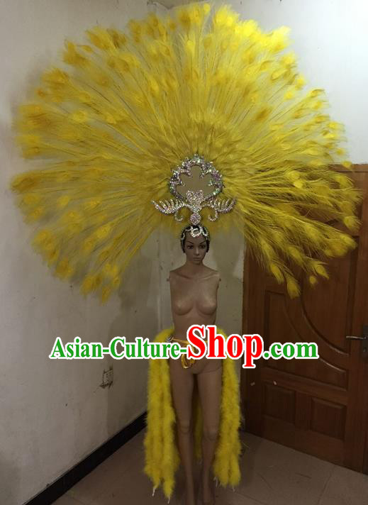 Top Grade Professional Performance Catwalks Costume and Yellow Feather Headwear, Traditional Brazilian Rio Carnival Samba Dance Modern Fancywork Clothing for Women