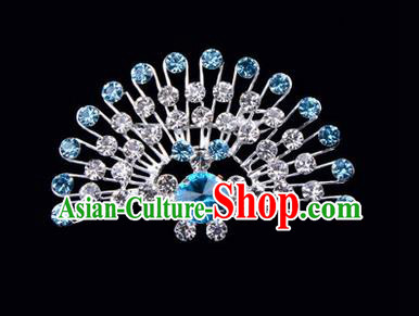 Chinese Ancient Peking Opera Jewelry Accessories Young Lady Diva Peacock Brooch Collar Button, Traditional Chinese Beijing Opera Hua Tan Blue Crystal Breastpin