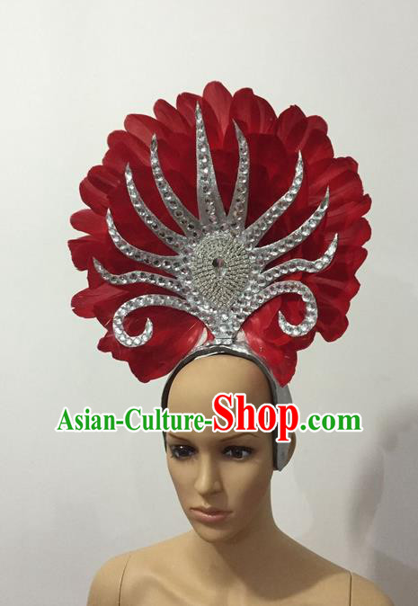 Top Grade Professional Stage Show Halloween Parade Red Feather Hair Accessories, Brazilian Rio Carnival Samba Dance Modern Fancywork Decorations Headpiece for Women