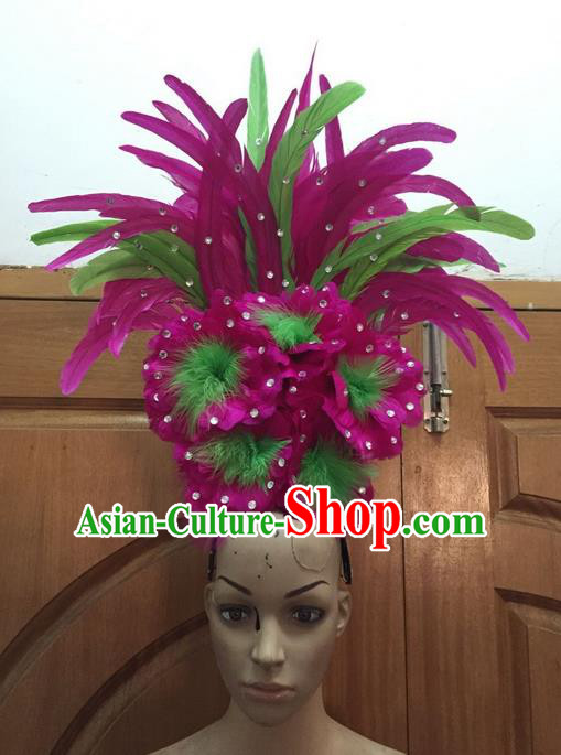 Top Grade Professional Stage Show Halloween Parade Rosy Feather Big Hair Accessories, Brazilian Rio Carnival Samba Dance Modern Fancywork Flowers Headdress for Women
