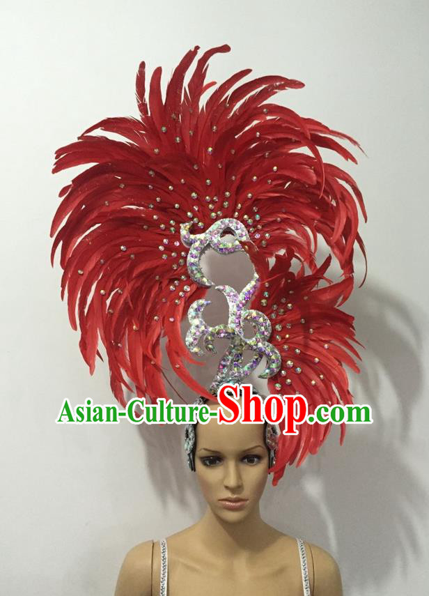 Top Grade Professional Stage Show Halloween Parade Big Hair Accessories, Brazilian Rio Carnival Samba Dance Modern Fancywork Red Feather Giant Headpiece for Kids