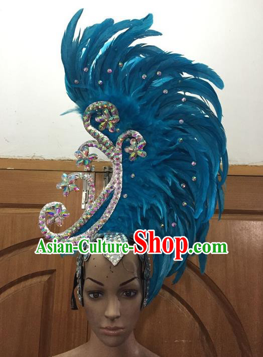 Top Grade Brazilian Rio Carnival Samba Dance Hair Accessories, Halloween Parade Giant Blue Feather Headpiece for Women