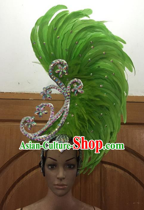 Top Grade Brazilian Rio Carnival Samba Dance Hair Accessories, Halloween Parade Giant Green Feather Headpiece for Women
