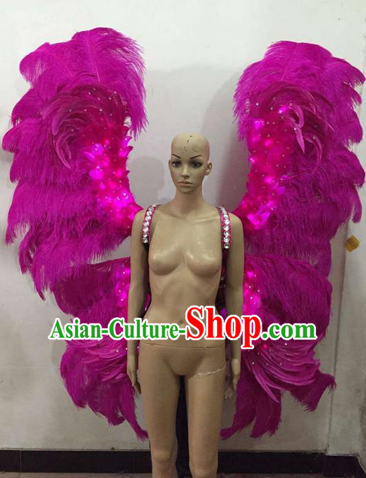Top Grade Professional Performance Catwalks Costume Rosy Feather Wings, Traditional Brazilian Rio Carnival Samba Dance Modern Fancywork Props Decorations for Women