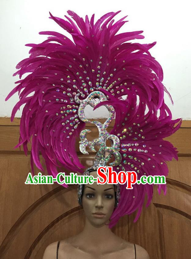 Top Grade Professional Stage Show Halloween Parade Big Hair Accessories, Brazilian Rio Carnival Samba Dance Modern Fancywork Rosy Feather Giant Headpiece for Kids