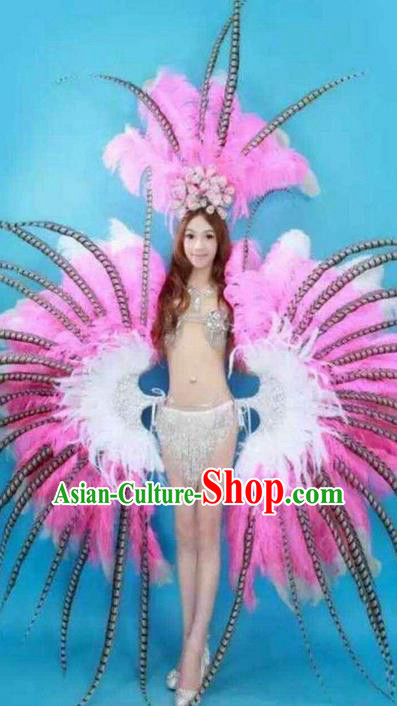 Top Grade Professional Performance Catwalks Costume Pink Feather Bikini and Headpiece Wings, Traditional Brazilian Rio Carnival Samba Dance Modern Fancywork Swimsuit Clothing for Women