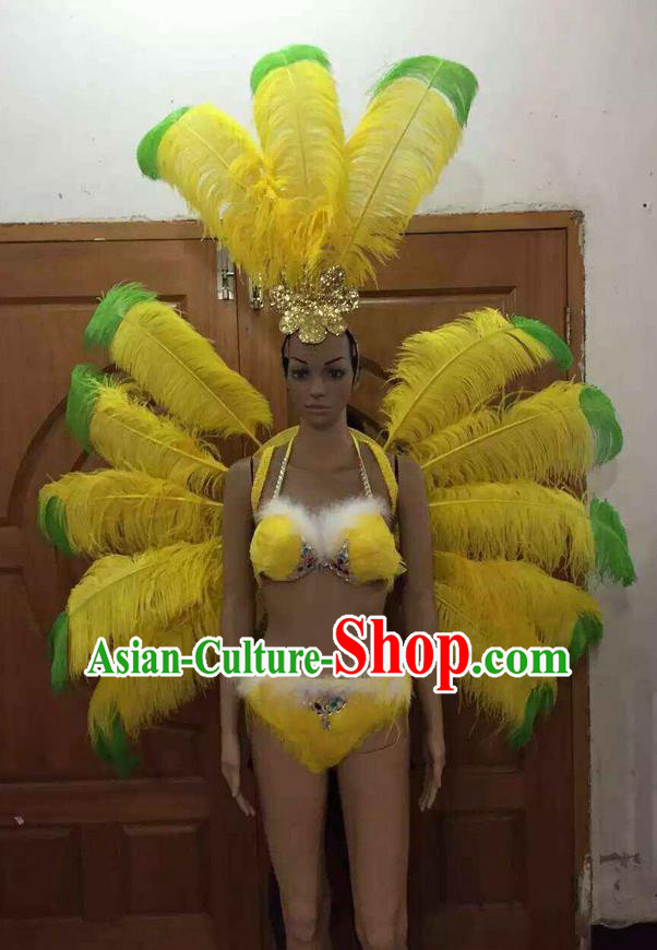 Top Grade Professional Performance Catwalks Costume Yellow Feather Bikini with Wings, Traditional Brazilian Rio Carnival Samba Dance Clothing and Headpiece for Women