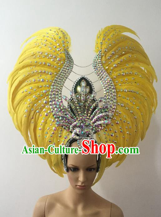 Top Grade Brazilian Rio Carnival Samba Dance Hair Accessories Headwear, Halloween Parade Yellow Feather Headpiece for Women