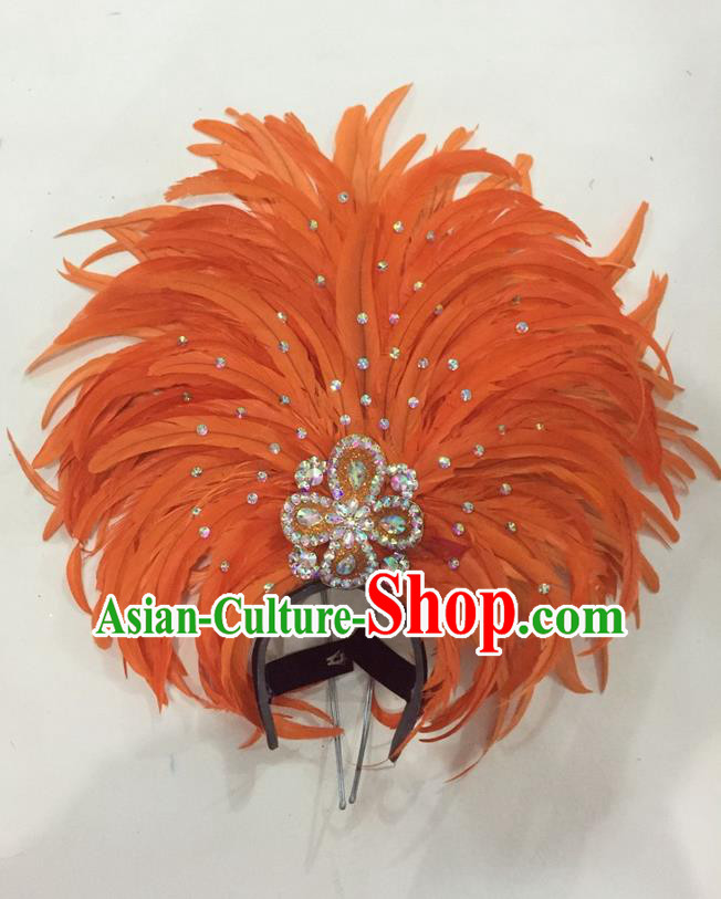 Top Grade Brazilian Rio Carnival Samba Dance Hair Accessories Giant Headpiece Headwear, Halloween Parade Big Orange Feather Headdress for Women