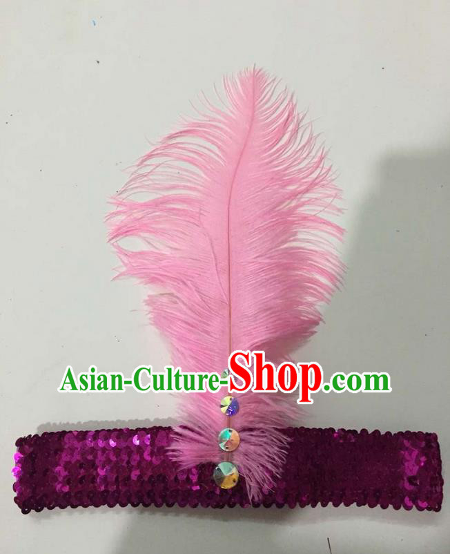 Top Grade Brazilian Rio Carnival Samba Dance Pink Feather Hair Accessories Headpiece, Halloween Parade Crystal Headwear for Women