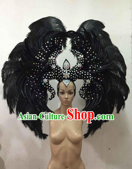 Top Grade Brazilian Rio Carnival Samba Dance Black Feather Big Hair Accessories Headpiece, Halloween Parade Giant Headwear for Women