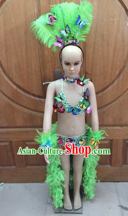 Top Grade Professional Performance Catwalks Costume Green Feather Swimsuit and Headwear, Traditional Brazilian Rio Carnival Samba Dance Bikini Clothing for Kids