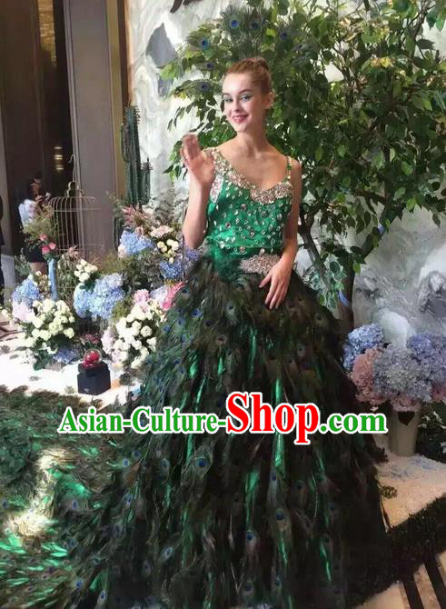 Top Grade Professional Performance Catwalks Costume Feather Full Dress, Traditional Brazilian Rio Carnival Samba Dance Peacock Trailing Clothing for Women
