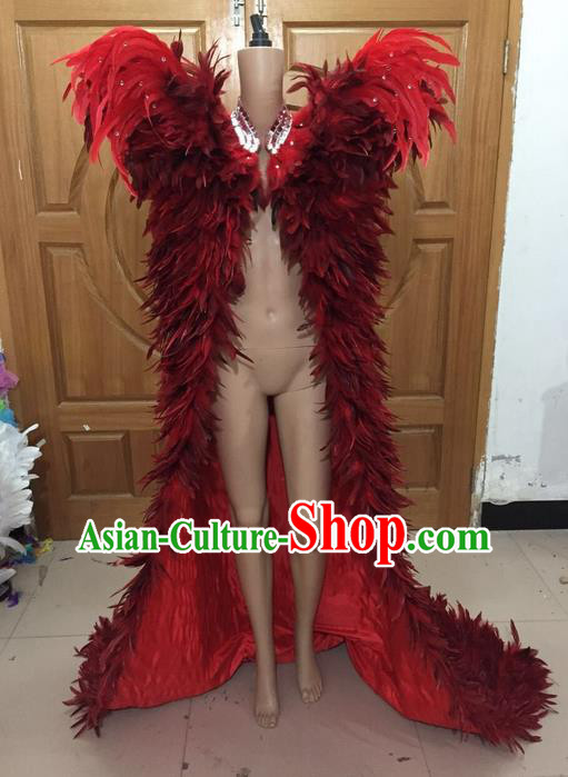Top Grade Professional Performance Catwalks Costume Halloween Cape, Traditional Brazilian Rio Carnival Samba Belly Dance Red Feather Cloak for Women