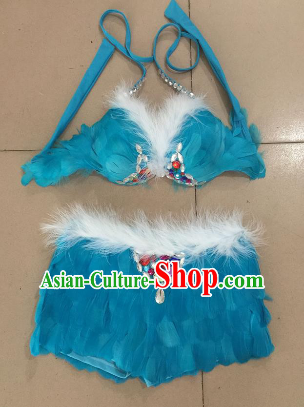 Top Grade Professional Performance Catwalks Costume Blue Feather Bikini, Traditional Brazilian Rio Carnival Samba Dance Modern Fancywork Swimsuit for Women