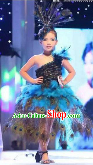 Top Grade Professional Performance Catwalks Costume Peacock Feather Dress, Traditional Brazilian Rio Carnival Samba Dance Clothing for Kids