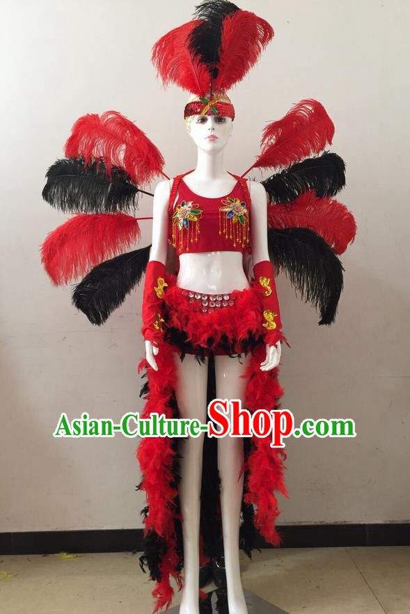 Top Grade Professional Performance Catwalks Red and Black Feather Bikini and Headwear Wings, Brazilian Rio Carnival Samba Opening Dance Swimsuit Clothing for Women