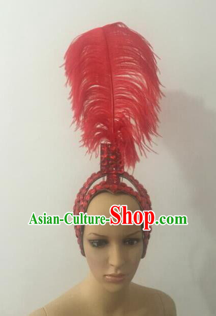 Top Grade Brazilian Rio Carnival Samba Dance Red Feathers Hair Accessories Headpiece, Halloween Parade Feather Decorations Headwear for Women