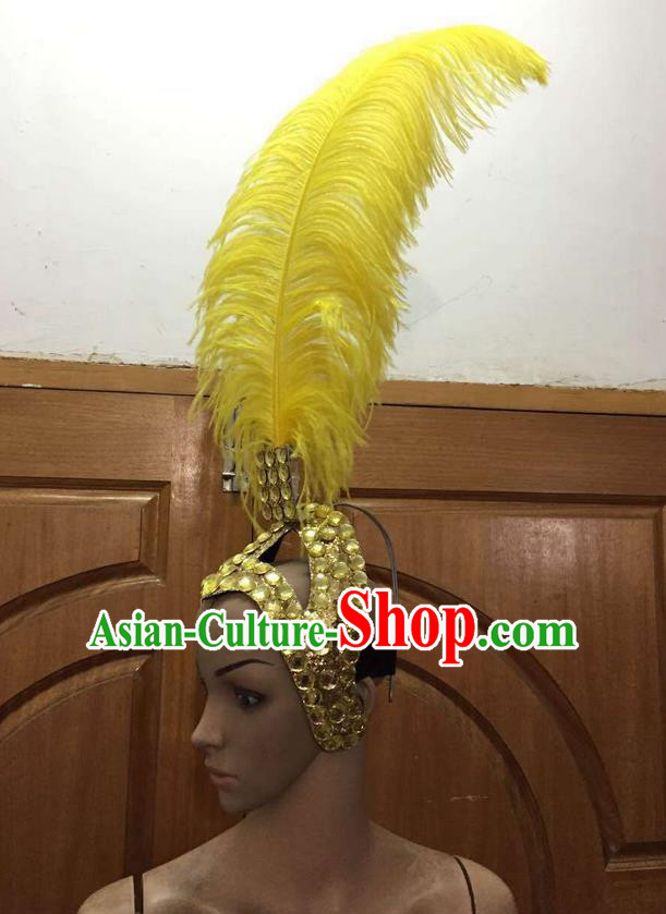 Top Grade Brazilian Rio Carnival Samba Dance Yellow Feathers Hair Accessories Headpiece, Halloween Parade Feather Decorations Headwear for Women