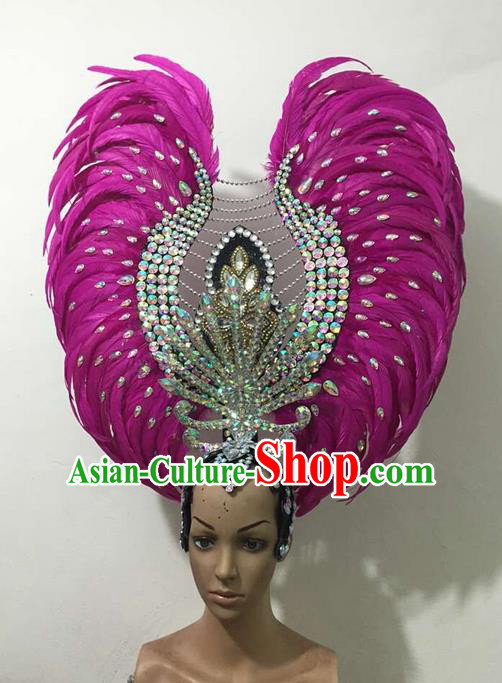Top Grade Brazilian Rio Carnival Samba Dance Rosy Feathers Hair Accessories Deluxe Headpiece, Halloween Parade Feather Decorations Crystal Headwear for Women