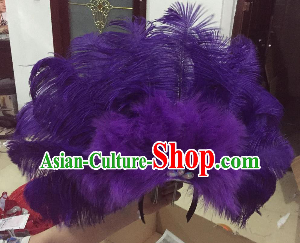 Top Grade Professional Performance Catwalks Purple Feathers Deluxe Hair Accessories, Brazilian Rio Carnival Parade Samba Dance Headdress for Women