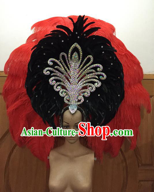 Top Grade Professional Performance Catwalks Red Feathers Deluxe Hair Accessories, Brazilian Rio Carnival Parade Samba Dance Big Headdress for Women