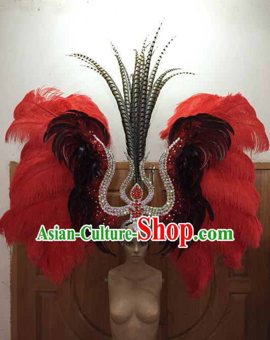 Top Grade Professional Performance Catwalks Red Feathers Big Hair Accessories, Brazilian Rio Carnival Parade Samba Dance Deluxe Headpiece for Women