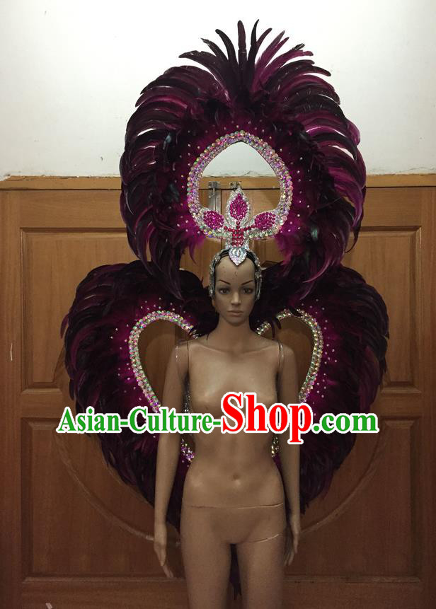 Top Grade Compere Professional Performance Catwalks Wine Red Feathers Wings and Headwear, Brazilian Rio Carnival Samba Opening Dance Modern Fancywork Feather Decorations for Women