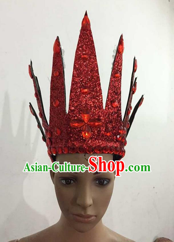 Top Grade Professional Performance Catwalks Hair Accessories, Brazilian Rio Carnival Parade Samba Dance Red Crystal Crown Headwear for Women