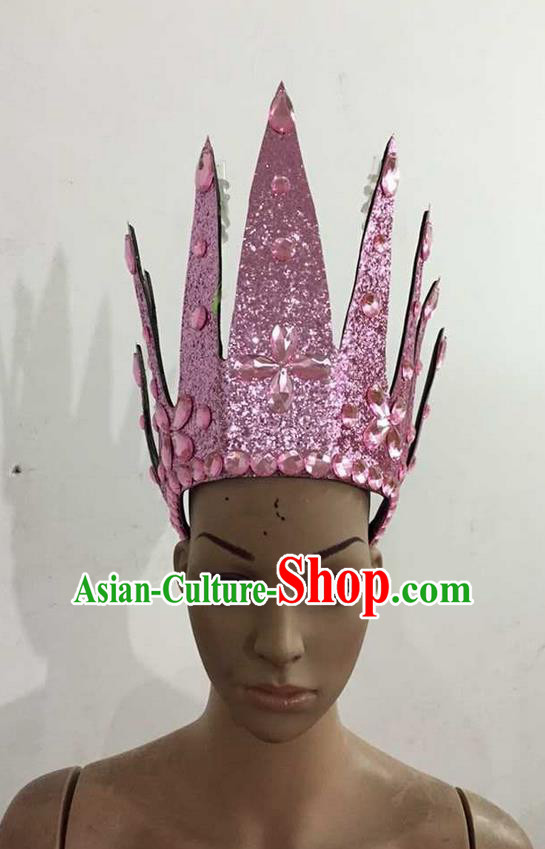 Top Grade Professional Performance Catwalks Hair Accessories, Brazilian Rio Carnival Parade Samba Dance Pink Crystal Crown Headwear for Women