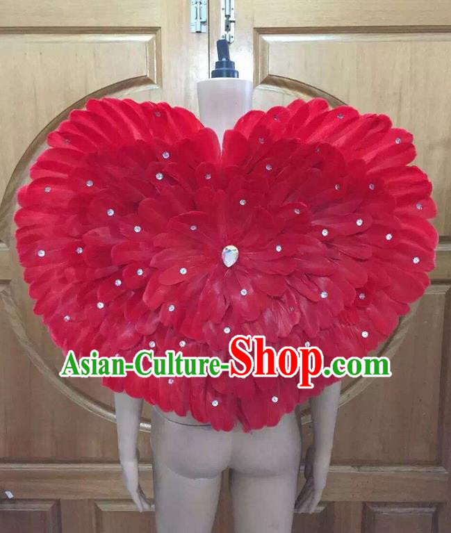 Top Grade Professional Performance Catwalks Red Feathers Decorations Heart-shaped Backplane, Brazilian Rio Carnival Parade Samba Dance Props for Women