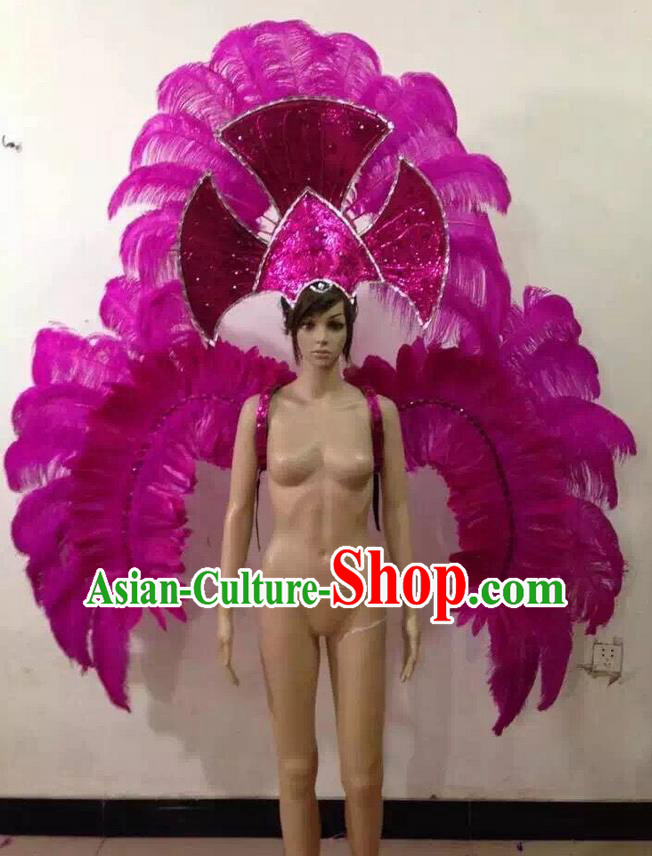 Top Grade Professional Performance Catwalks Halloween Rosy Feathers Decorations Backplane and Headwear, Brazilian Rio Carnival Parade Samba Dance Wings for Women