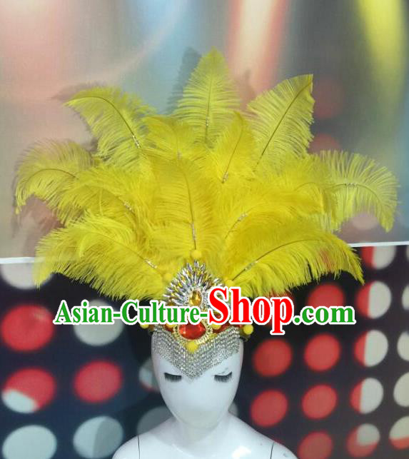 Top Grade Professional Performance Catwalks Yellow Feathers Head Decorations Headwear, Brazilian Rio Carnival Parade Samba Dance Hair Accessories for Women
